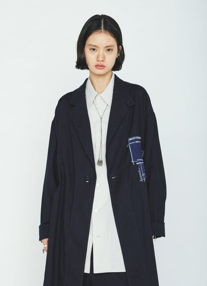 ORGANIC COTTON WASHER ONE-BUTTON LONG COAT WITH  SASHIKO EMBROIDERY