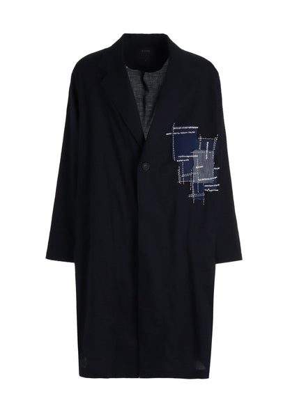 ORGANIC COTTON WASHER ONE-BUTTON LONG COAT WITH  SASHIKO EMBROIDERY