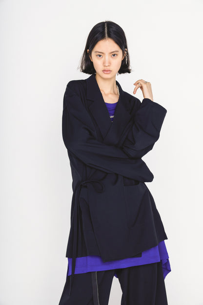 WASHER WOOL GABARDINE SEMI-DOUBLE-BREASTED TIE-FRONT JACKET