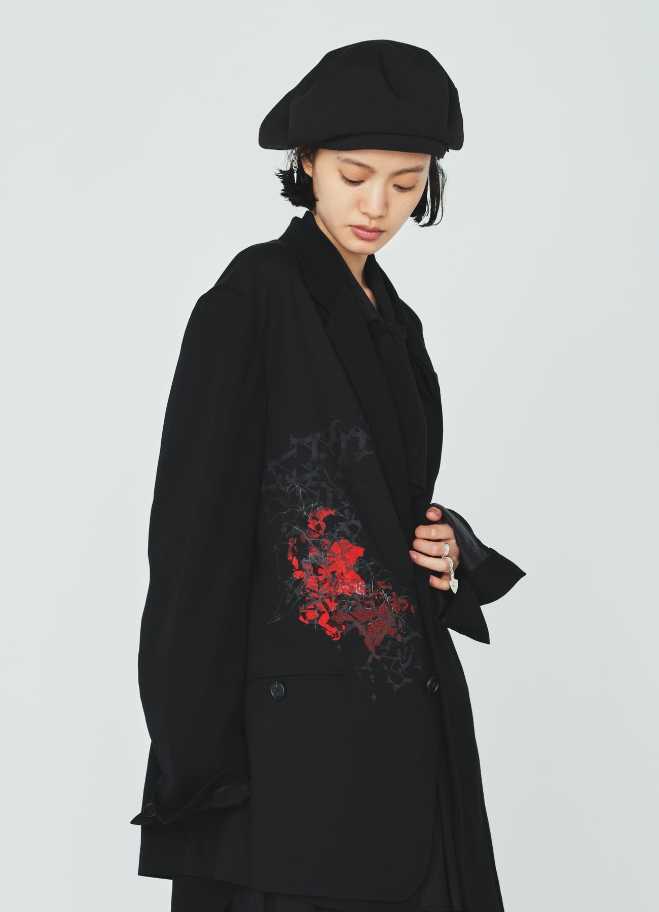 t*k様 ヨウジヤマモト ジャケット FV-J23-107 アシンメトリー サイ HIGH-TWIST TA/VIS “Y” LETTER AND RED FLOWER PRINT ASYMMETRIC