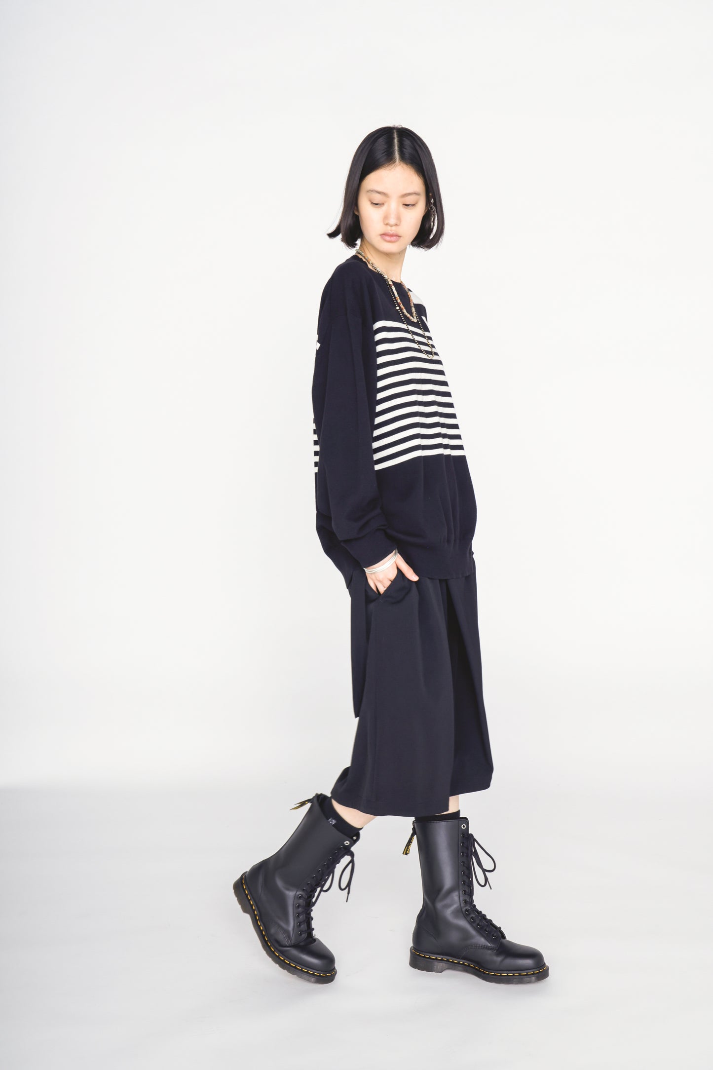 COTTON HIGH-TWIST INTARSIA BORDER PULLOVER