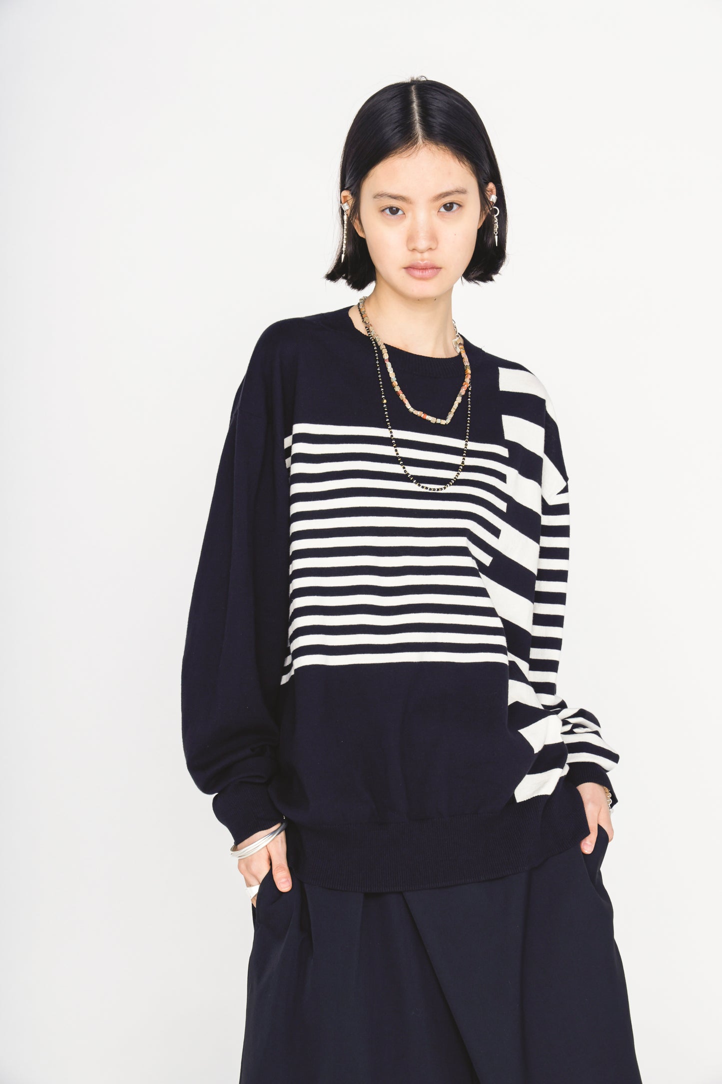 COTTON HIGH-TWIST INTARSIA BORDER PULLOVER