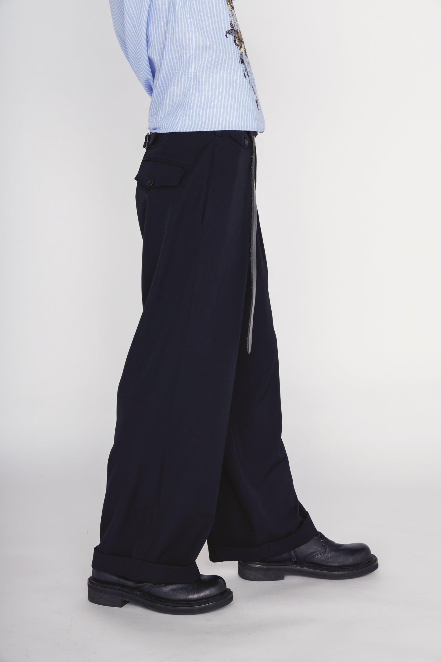 WASHER WOOL GABARDINE CINCH BACK BAGGY PANTS