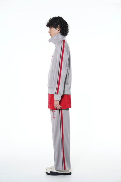 PE/SMOOTH JERSEY GEOMETRIC PATTERN EMBROIDERY SIDE TAPE LINE FLARE PANTS