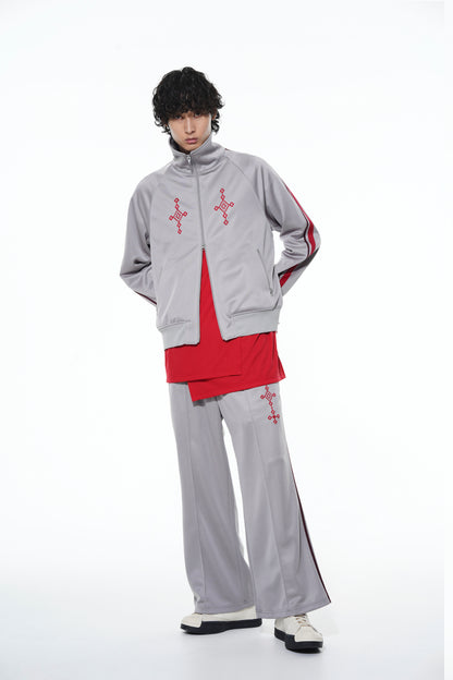 PE/SMOOTH JERSEY GEOMETRIC PATTERN EMBROIDERY SIDE TAPE LINE FLARE PANTS