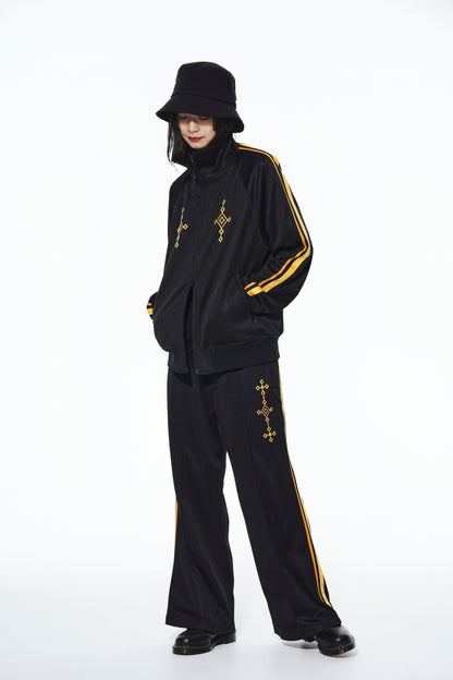 PE/SMOOTH JERSEY GEOMETRIC PATTERN EMBROIDERY SIDE TAPE LINE FLARE PANTS