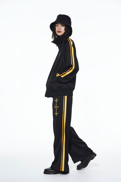 PE/SMOOTH JERSEY GEOMETRIC PATTERN EMBROIDERY SIDE TAPE LINE FLARE PANTS