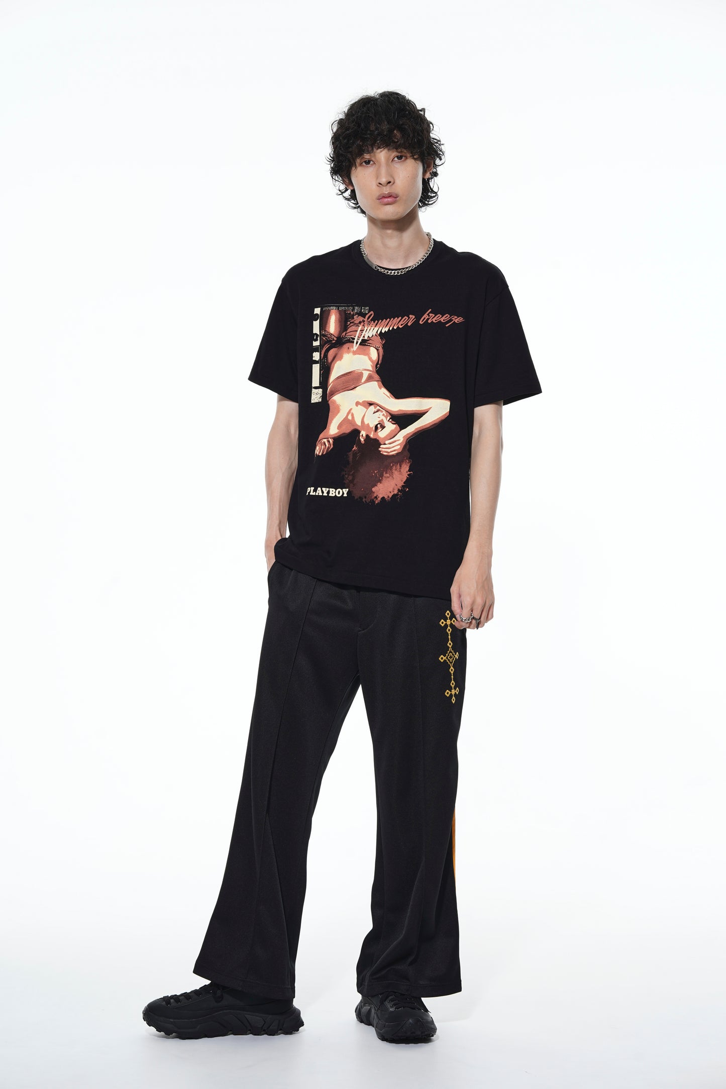 PE/SMOOTH JERSEY GEOMETRIC PATTERN EMBROIDERY SIDE TAPE LINE FLARE PANTS