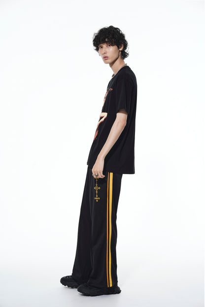 PE/SMOOTH JERSEY GEOMETRIC PATTERN EMBROIDERY SIDE TAPE LINE FLARE PANTS