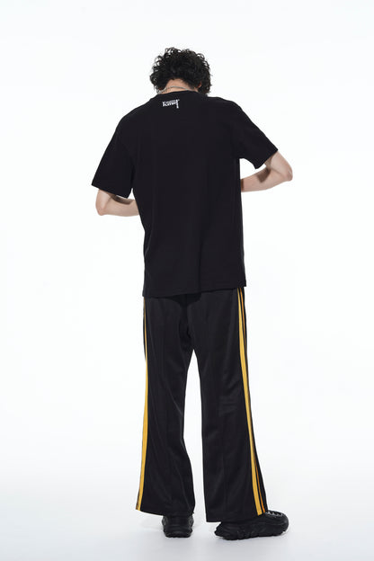 PE/SMOOTH JERSEY GEOMETRIC PATTERN EMBROIDERY SIDE TAPE LINE FLARE PANTS