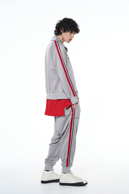 PE/SMOOTH JERSEY GEOMETRIC PATTERN EMBROIDERY SIDE TAPE LINE SAROUEL RIB PANTS