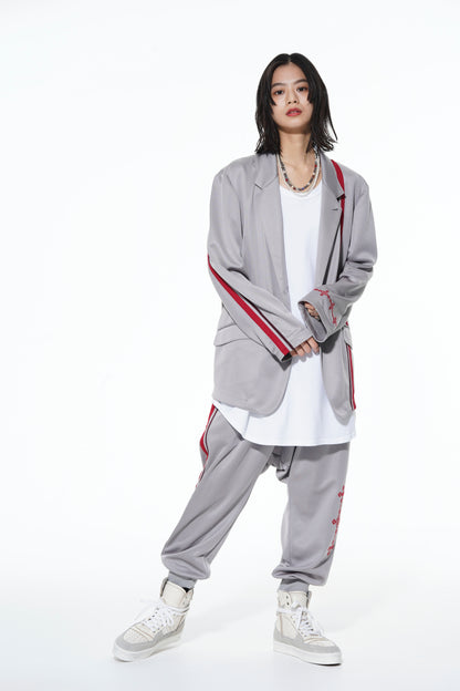 PE/SMOOTH JERSEY GEOMETRIC PATTERN EMBROIDERY SIDE TAPE LINE SAROUEL RIB PANTS