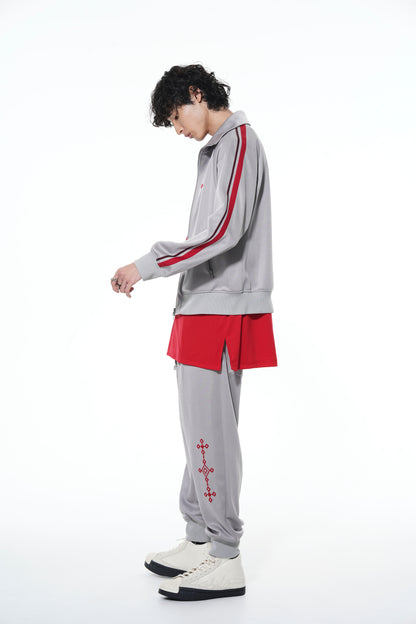 PE/SMOOTH JERSEY GEOMETRIC PATTERN EMBROIDERY SIDE TAPE LINE SAROUEL RIB PANTS