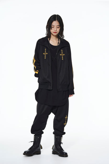 PE/SMOOTH JERSEY GEOMETRIC PATTERN EMBROIDERY SIDE TAPE LINE SAROUEL RIB PANTS