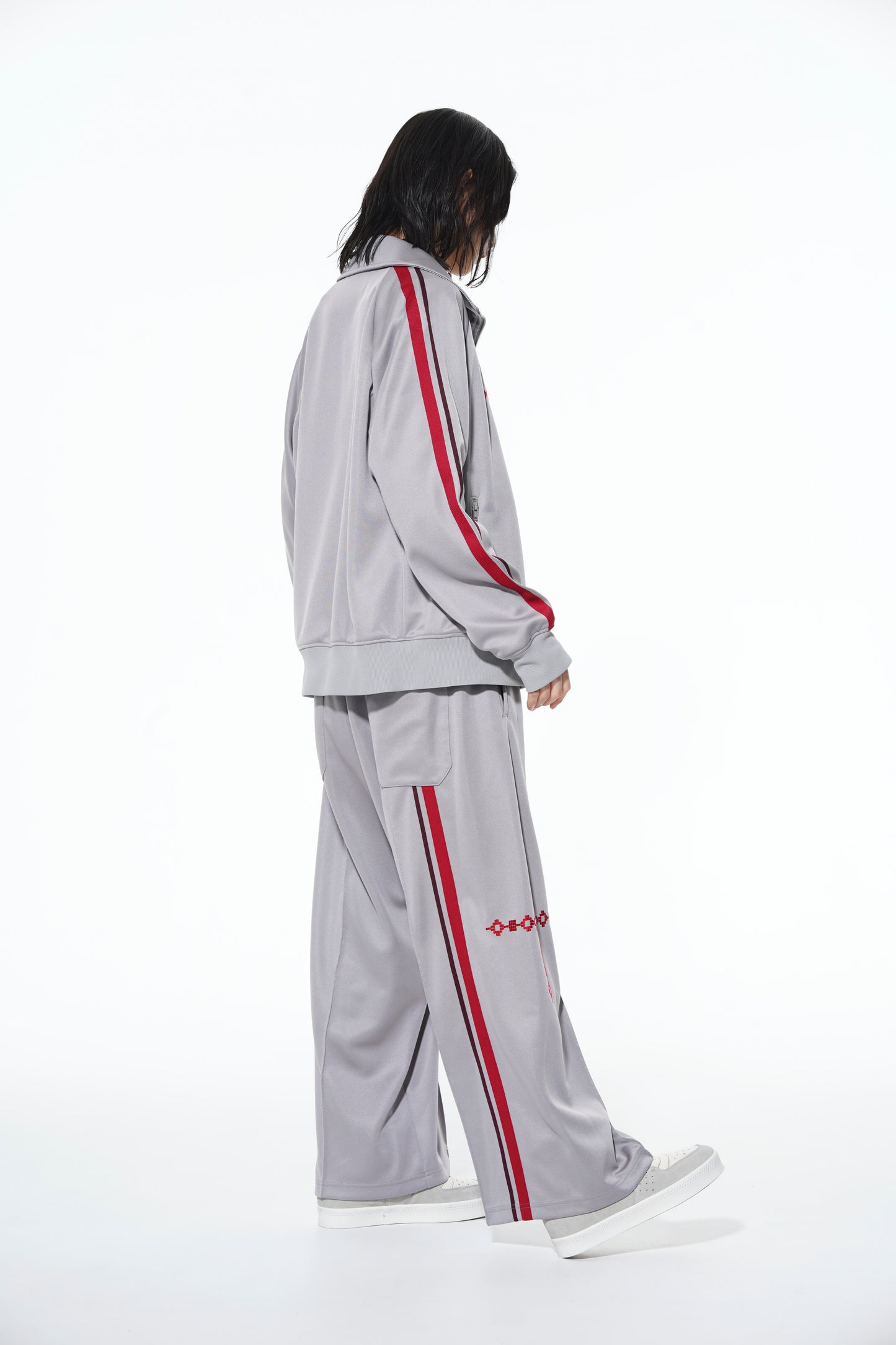 PE/SMOOTH JERSEY GEOMETRIC PATTERN EMBROIDERY TAPE LINE WAIST DRAWSTRING WIDE PANTS