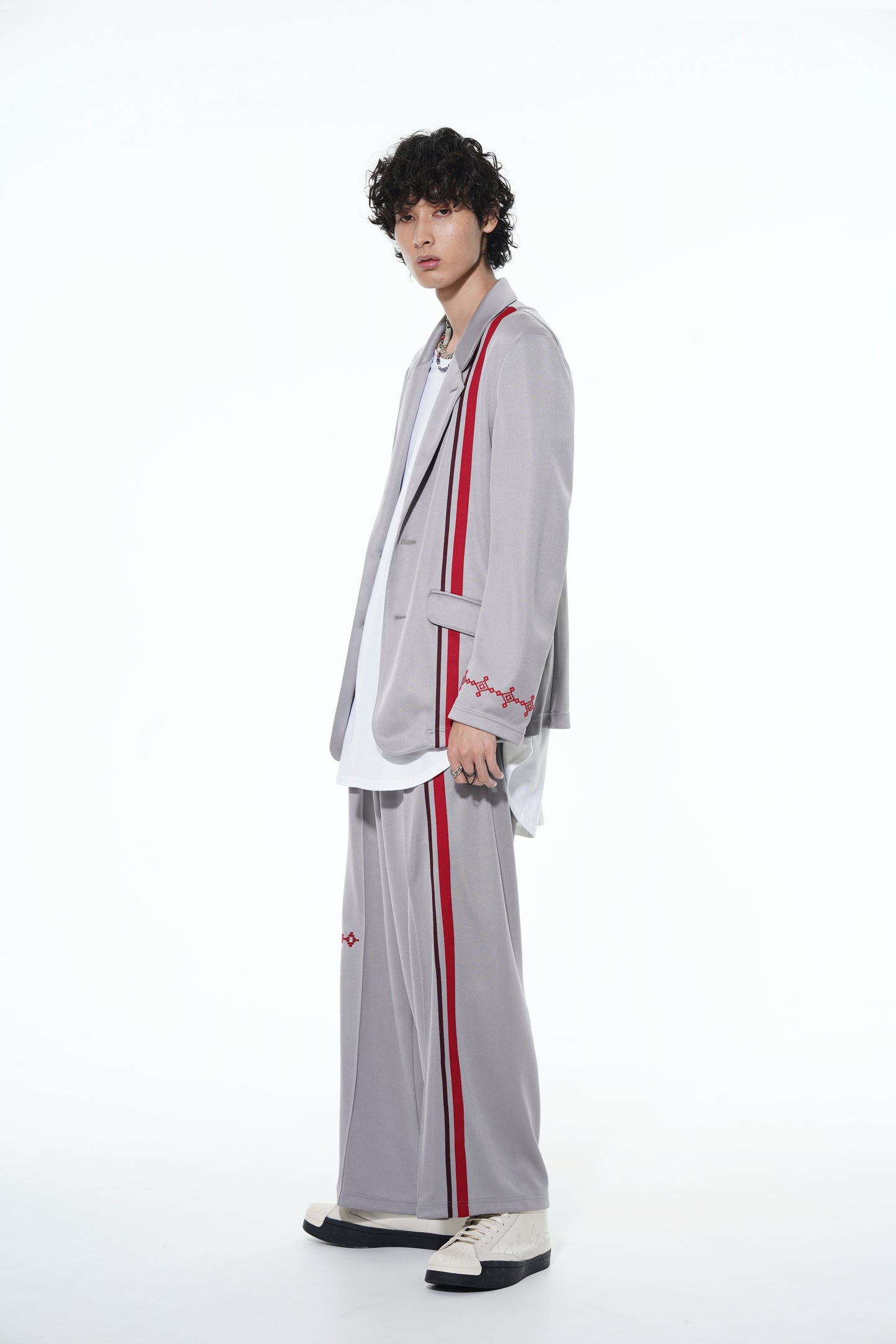 PE/SMOOTH JERSEY GEOMETRIC PATTERN EMBROIDERY TAPE LINE WAIST DRAWSTRING WIDE PANTS