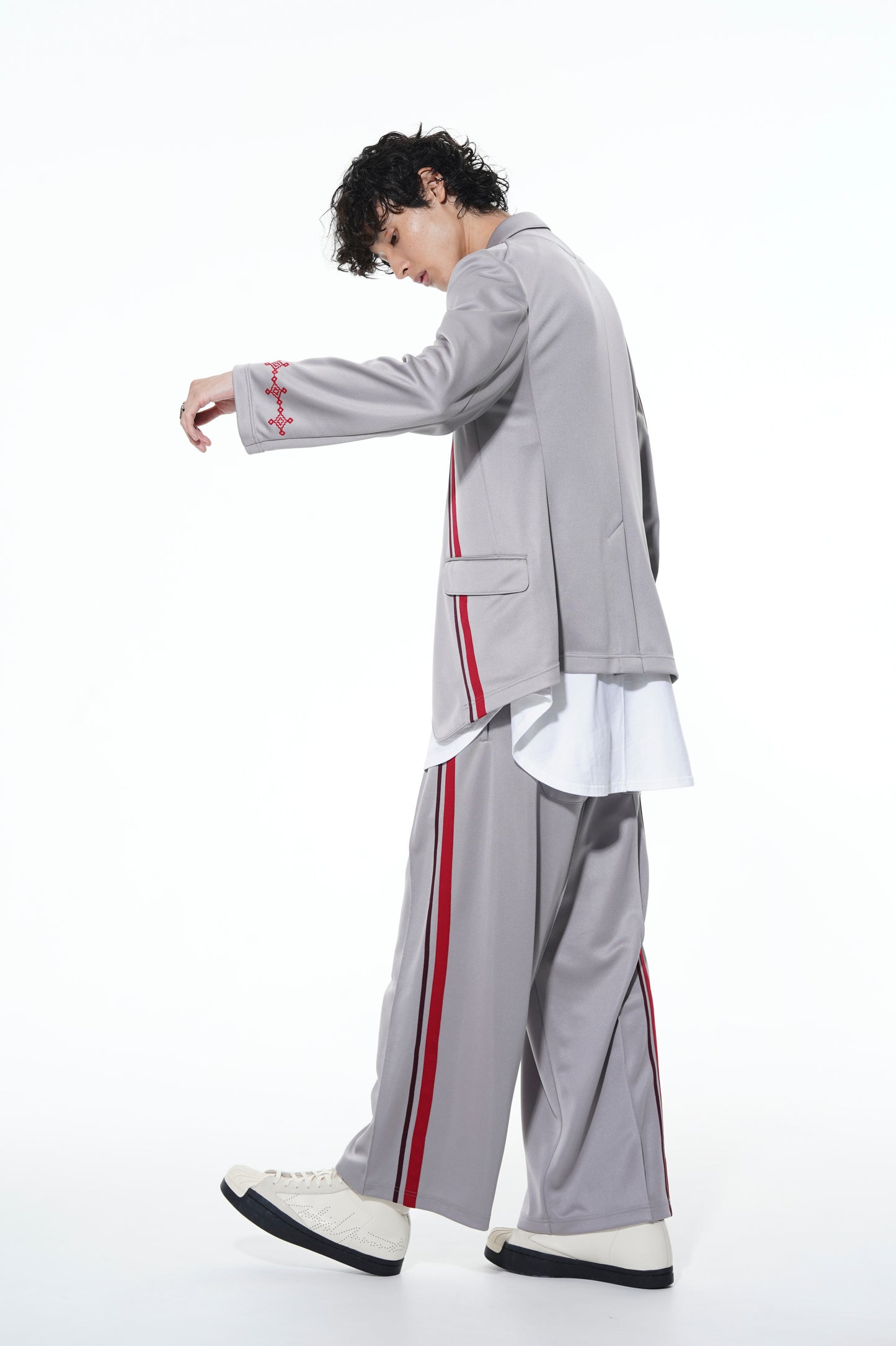 PE/SMOOTH JERSEY GEOMETRIC PATTERN EMBROIDERY TAPE LINE WAIST DRAWSTRING WIDE PANTS