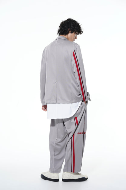 PE/SMOOTH JERSEY GEOMETRIC PATTERN EMBROIDERY TAPE LINE WAIST DRAWSTRING WIDE PANTS