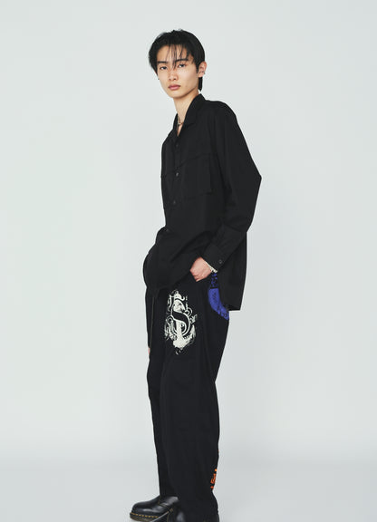 PRINTED PATCHWORK COTTON TWILL 2-TUCK PANTS