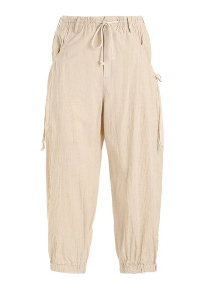 Cotton-Linen Poplin GATHERED POCKET ELASTIC HEM PANTS