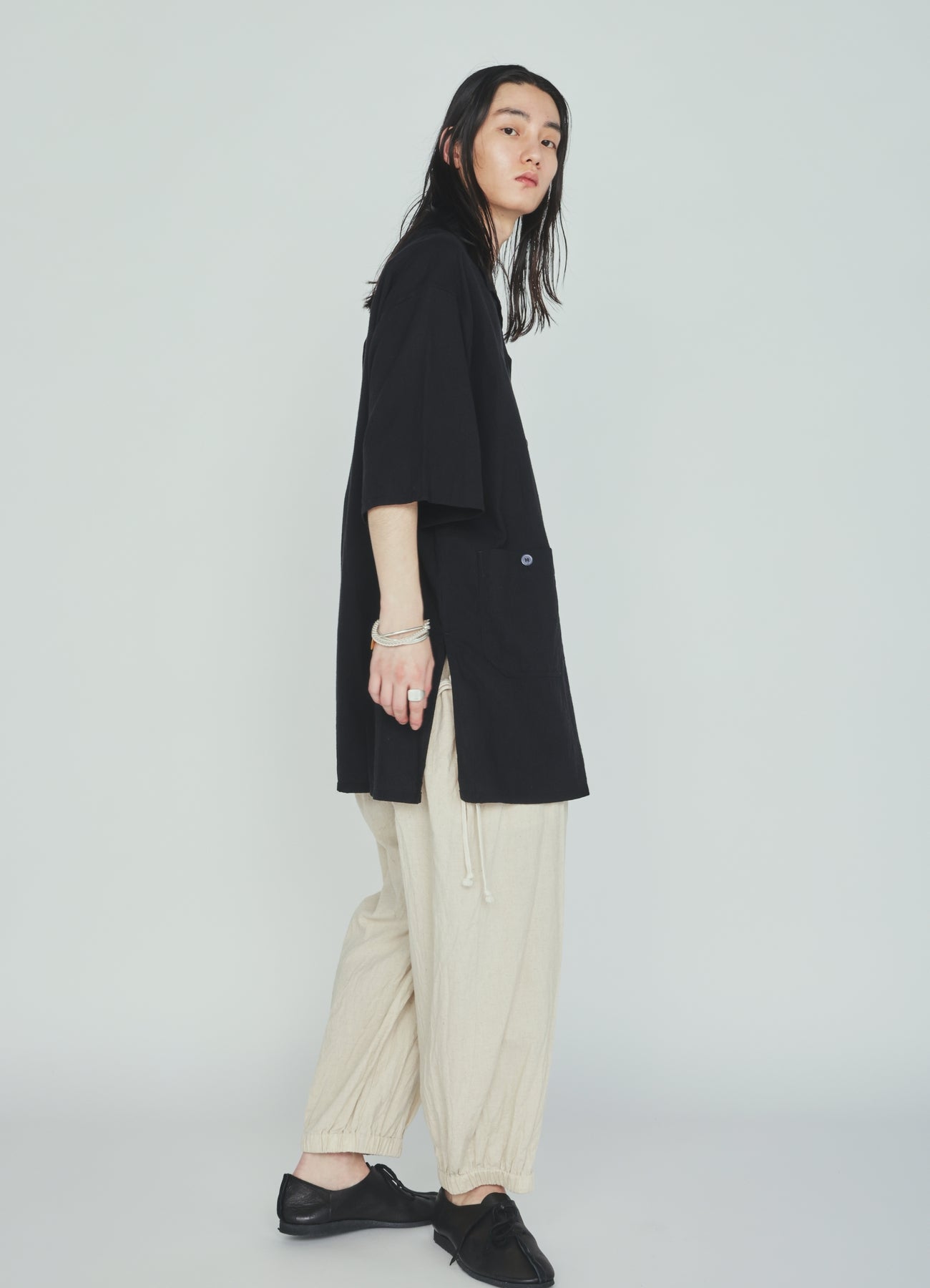 Cotton-Linen Poplin GATHERED POCKET ELASTIC HEM PANTS