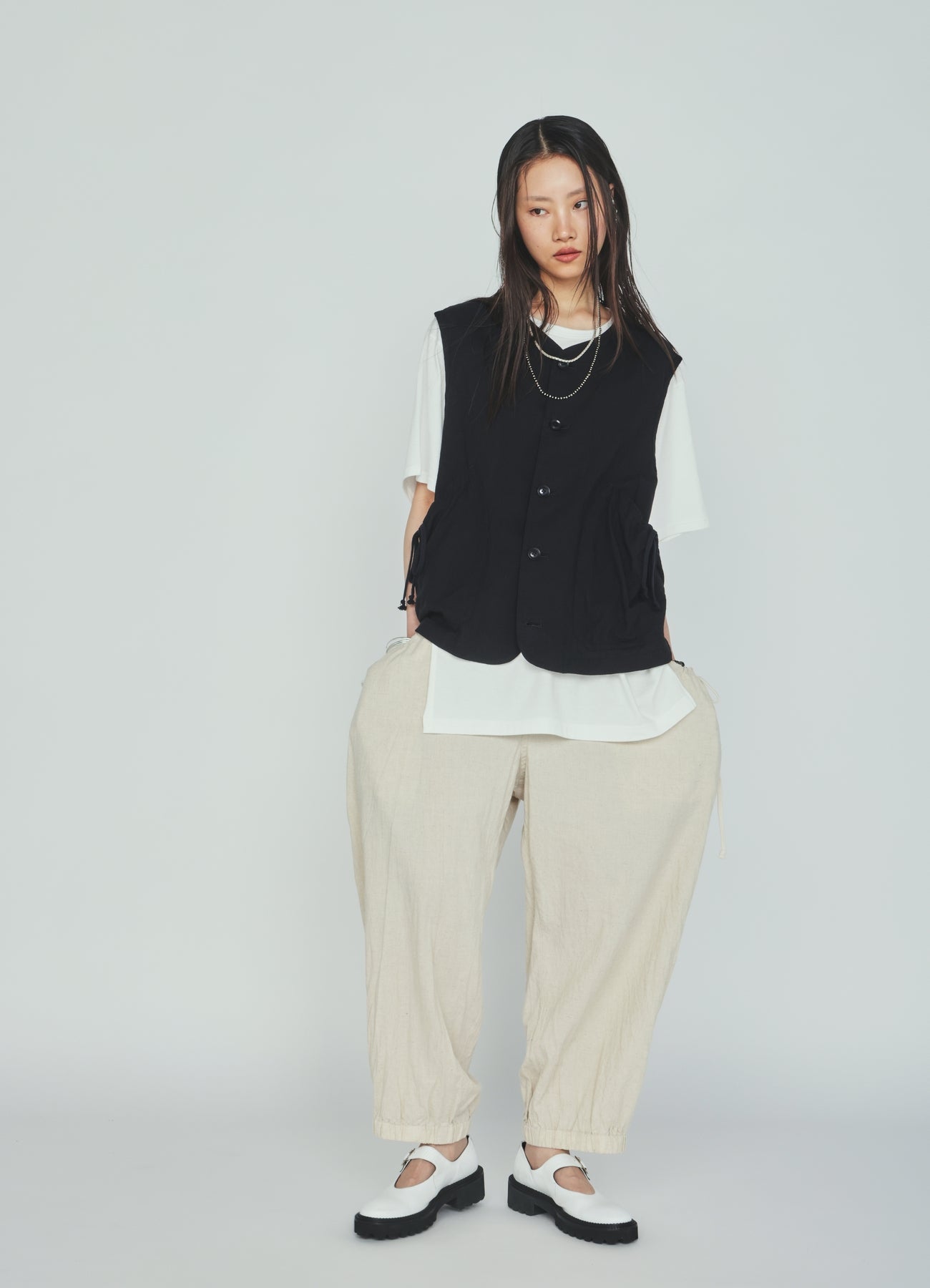 Cotton-Linen Poplin GATHERED POCKET ELASTIC HEM PANTS