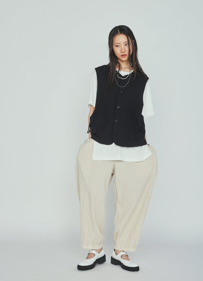 Cotton-Linen Poplin GATHERED POCKET ELASTIC HEM PANTS