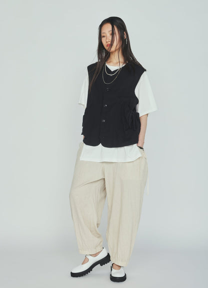 Cotton-Linen Poplin GATHERED POCKET ELASTIC HEM PANTS
