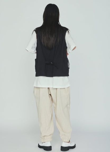 Cotton-Linen Poplin GATHERED POCKET ELASTIC HEM PANTS