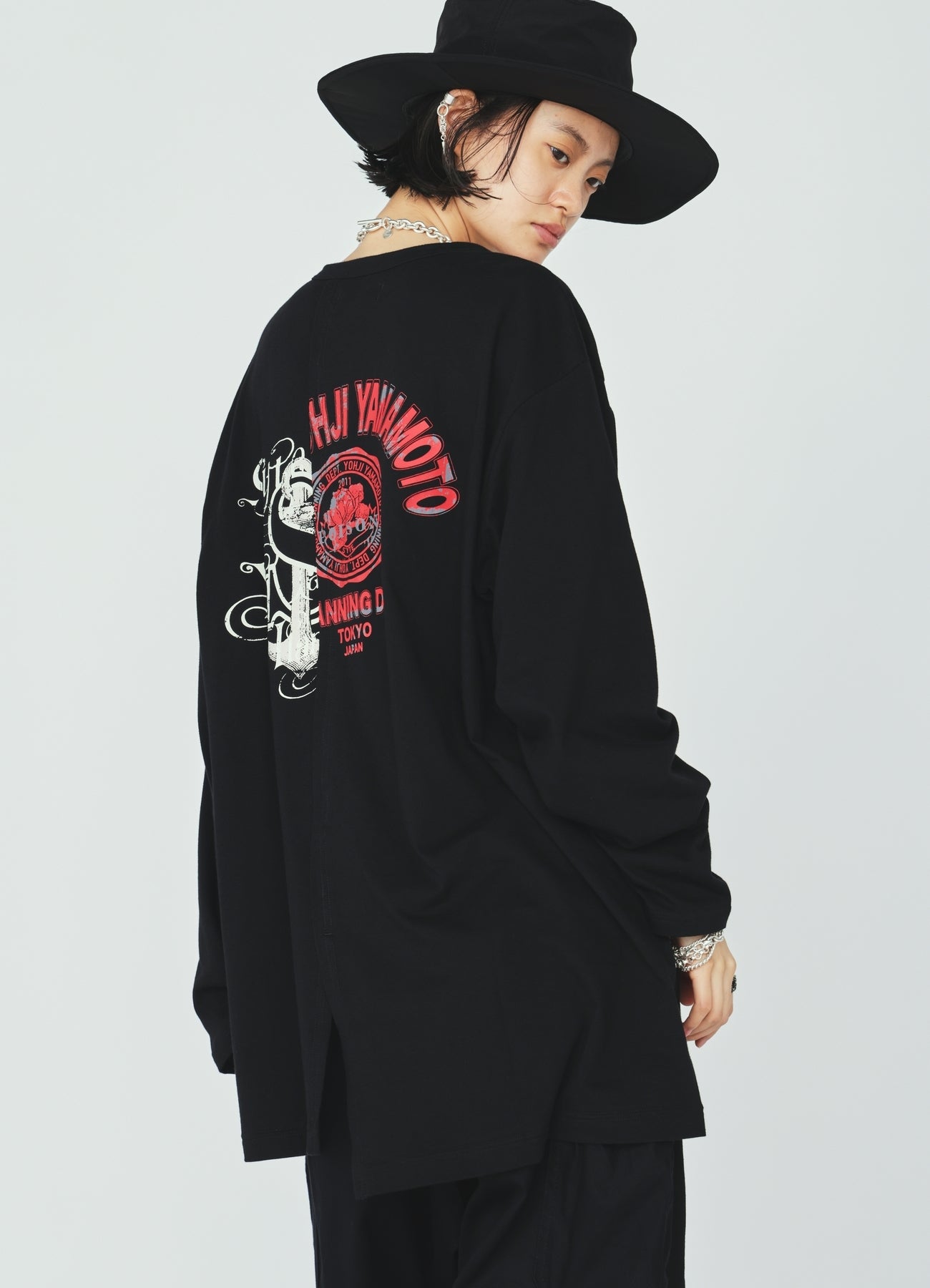 30S COTTON JERSEY WOLF AND ANCHOR PRINT ASYMMETRIC LONG T-SHIRT