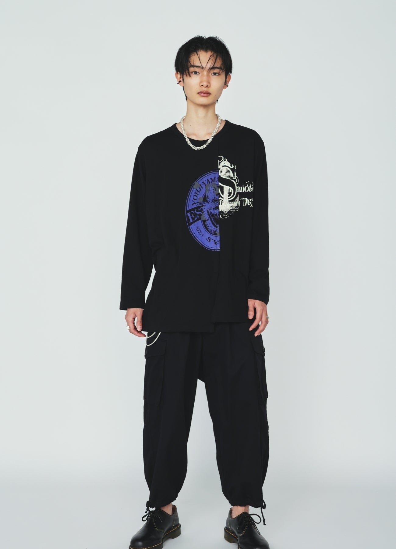 30S COTTON JERSEY WOLF AND ANCHOR PRINT ASYMMETRIC LONG T-SHIRT