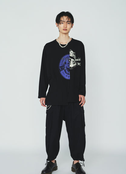 30S COTTON JERSEY WOLF AND ANCHOR PRINT ASYMMETRIC LONG T-SHIRT