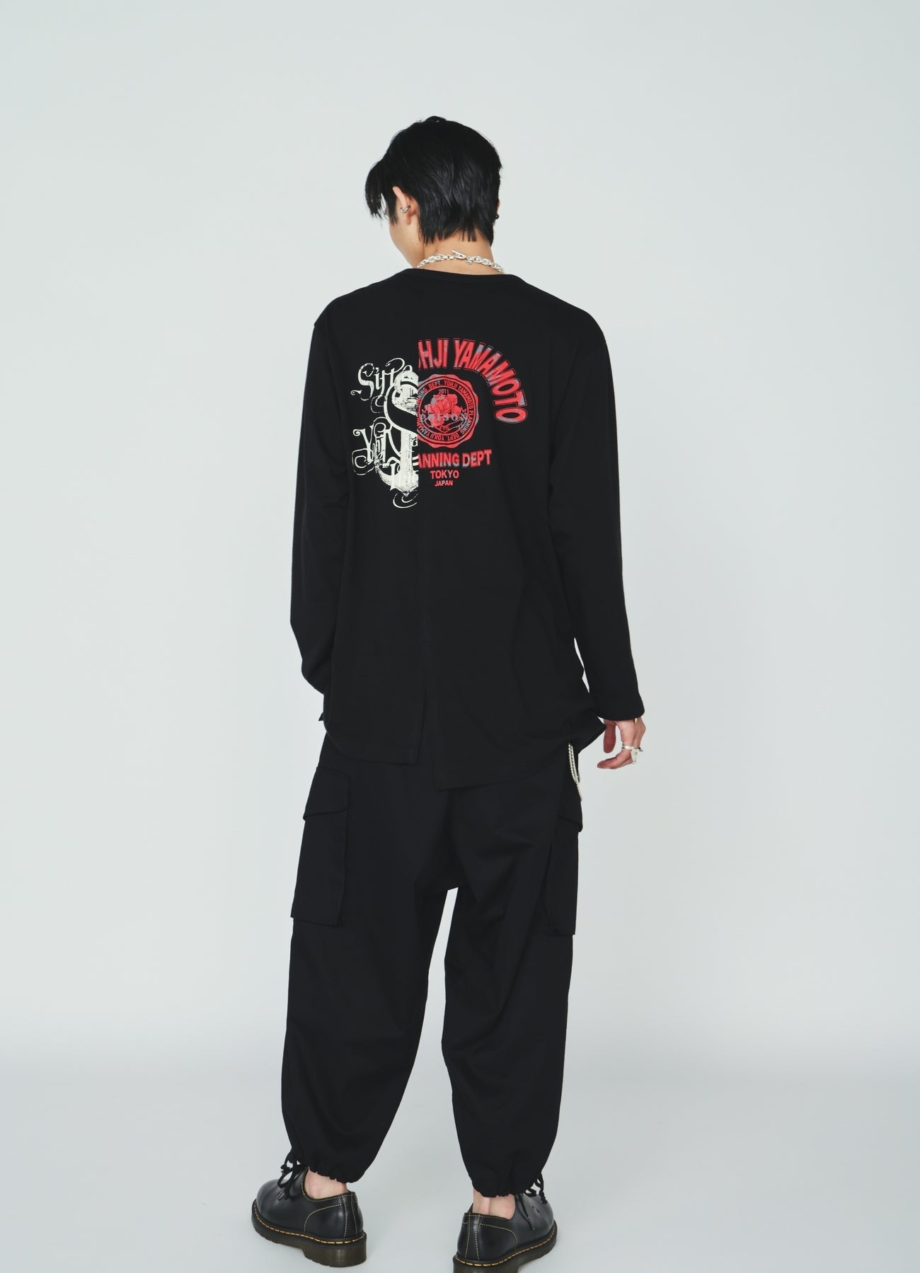 30S COTTON JERSEY WOLF AND ANCHOR PRINT ASYMMETRIC LONG T-SHIRT