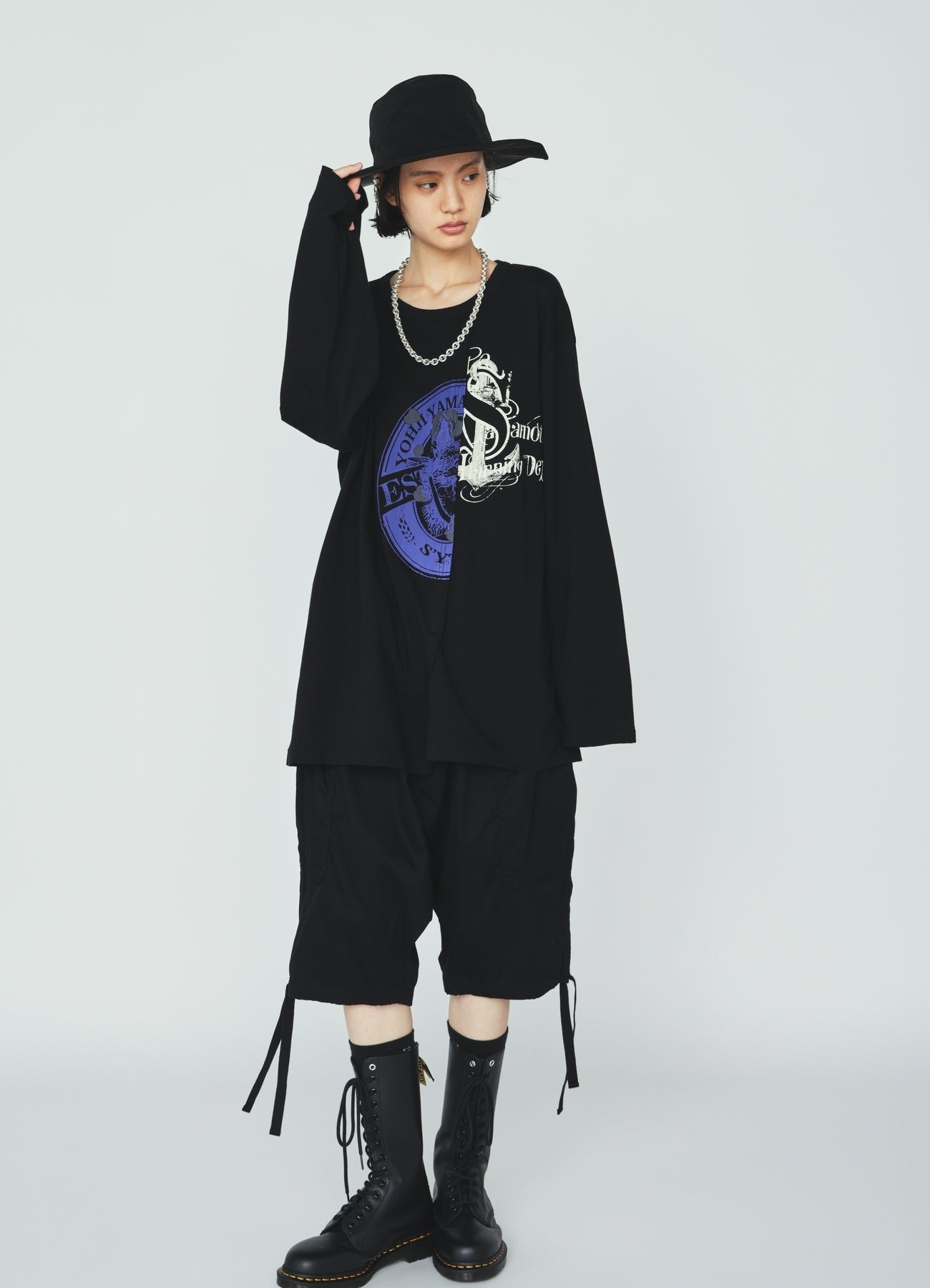 30S COTTON JERSEY WOLF AND ANCHOR PRINT ASYMMETRIC LONG T-SHIRT