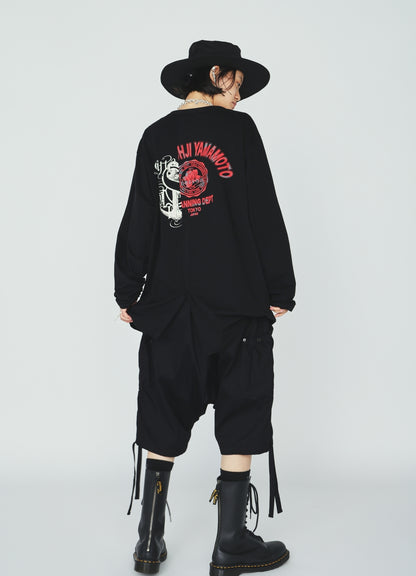 30S COTTON JERSEY WOLF AND ANCHOR PRINT ASYMMETRIC LONG T-SHIRT