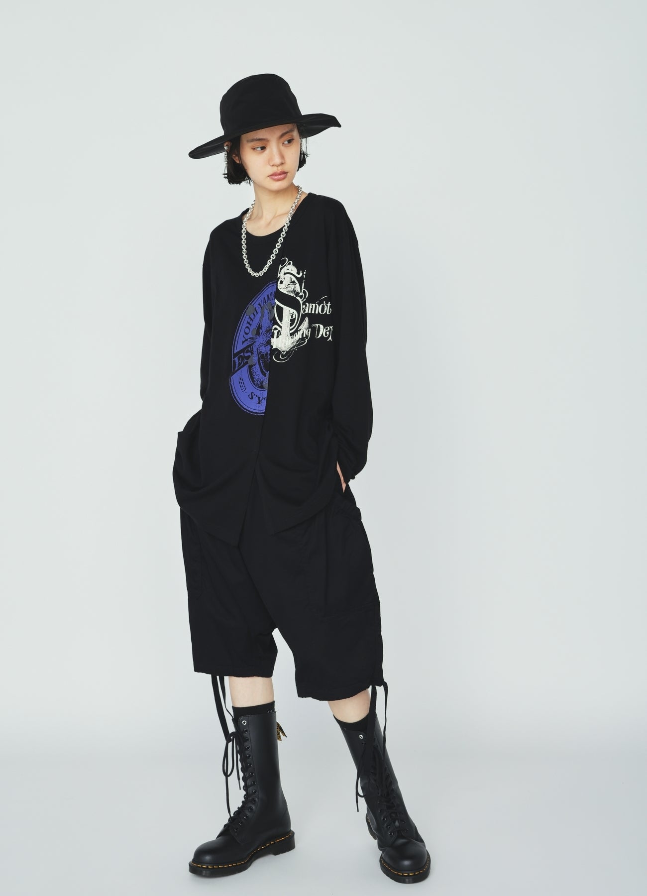 30S COTTON JERSEY WOLF AND ANCHOR PRINT ASYMMETRIC LONG T-SHIRT