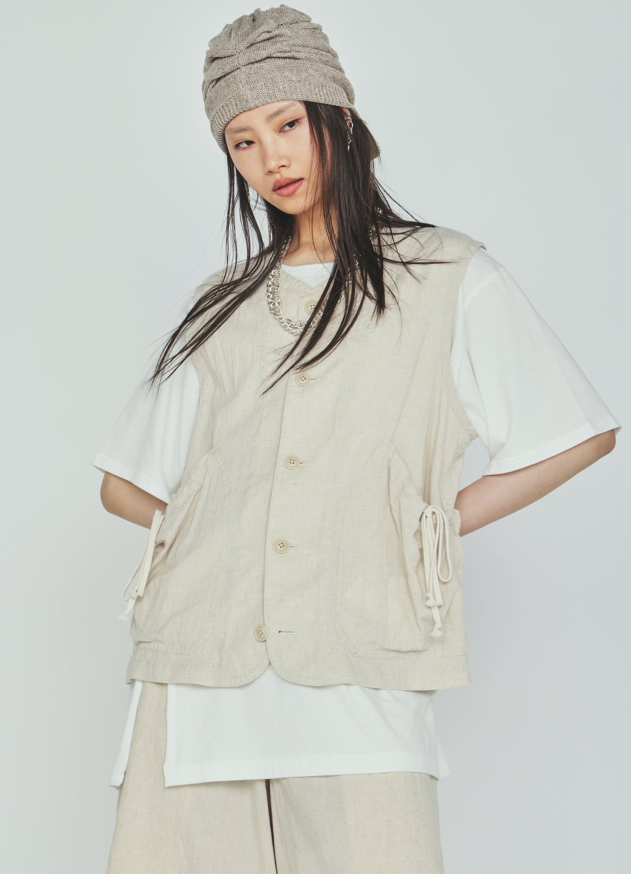Cotton-Linen Poplin GATHERED POCKET VEST