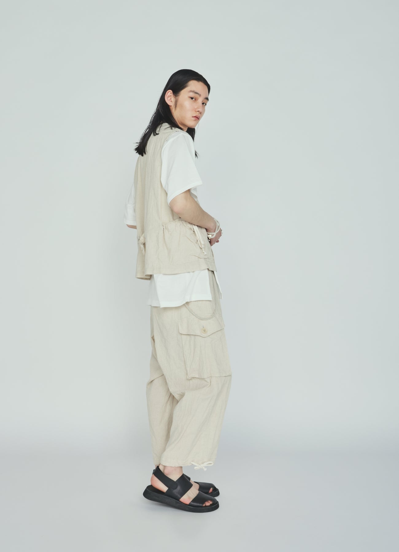 Cotton-Linen Poplin GATHERED POCKET VEST