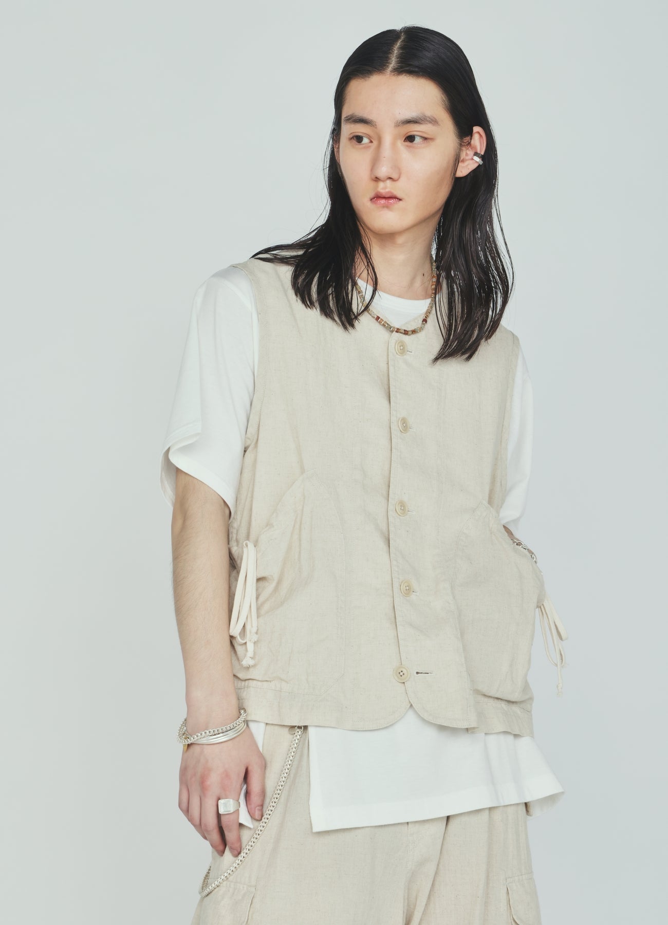 Cotton-Linen Poplin GATHERED POCKET VEST