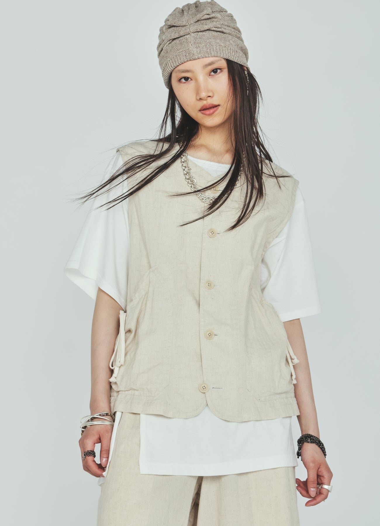 Cotton-Linen Poplin GATHERED POCKET VEST