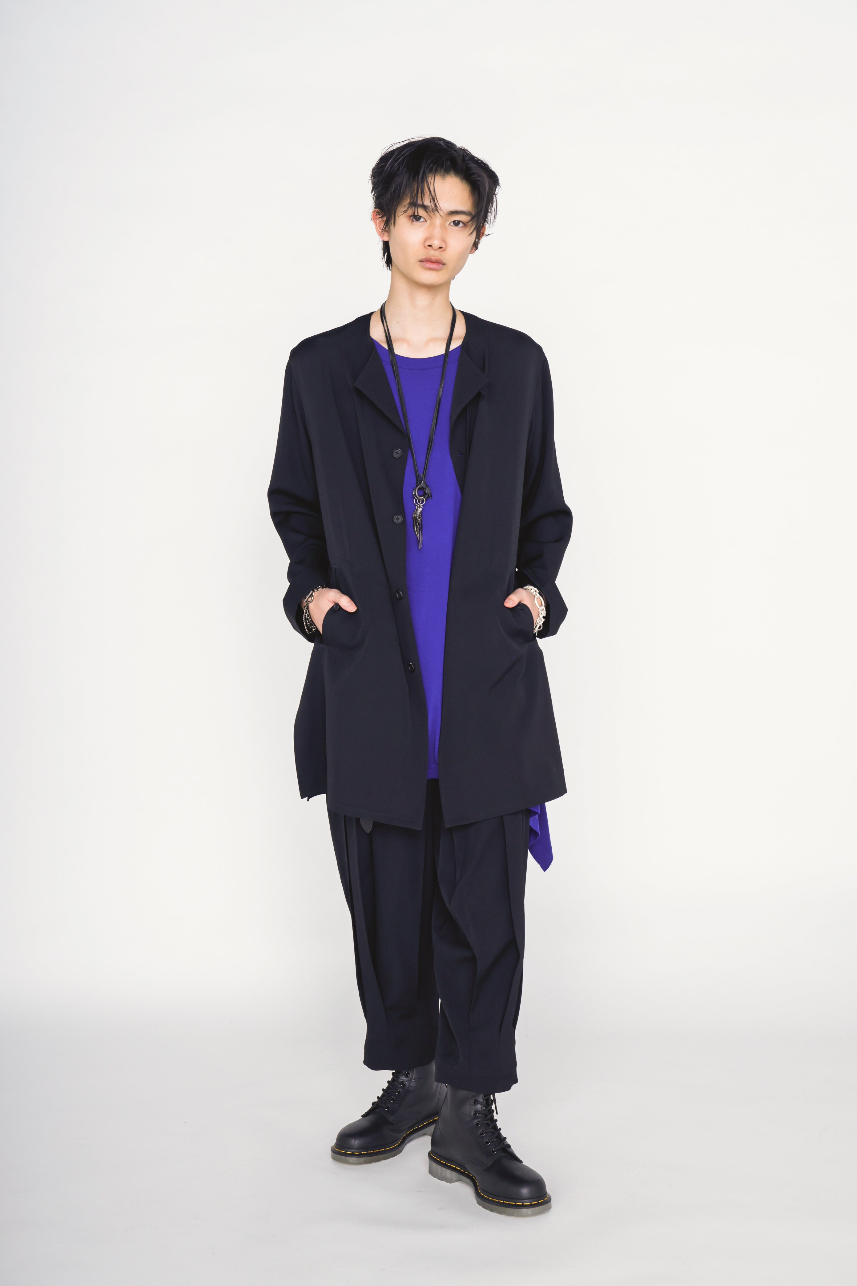 WASHER WOOL GABARDINE COLLARLESS LONG JACKET – THE SHOP YOHJI YAMAMOTO