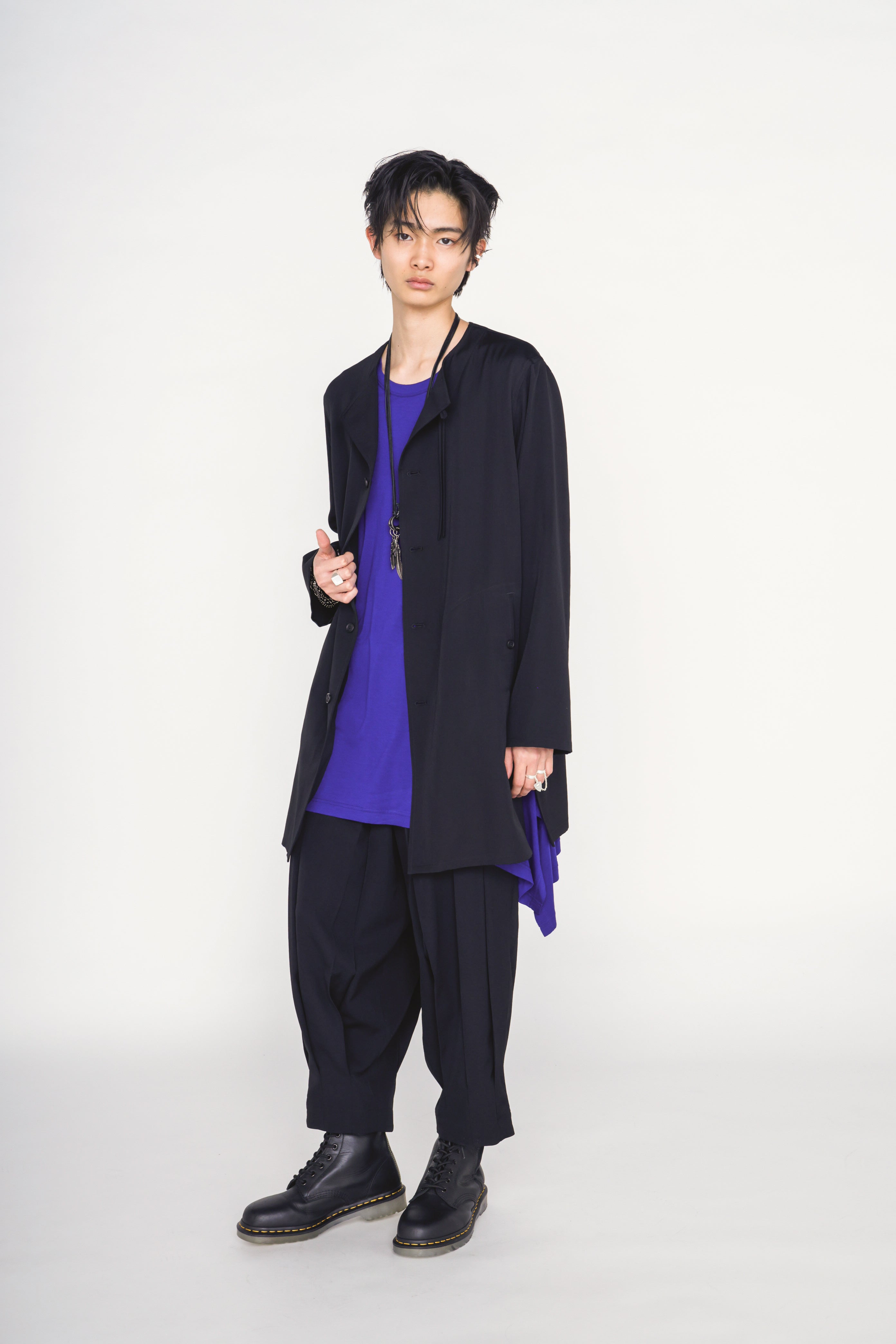 WASHER WOOL GABARDINE COLLARLESS LONG JACKET – THE SHOP YOHJI YAMAMOTO