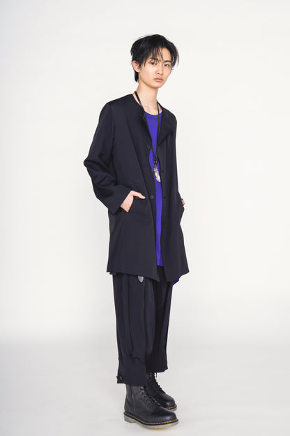 WASHER WOOL GABARDINE COLLARLESS LONG JACKET