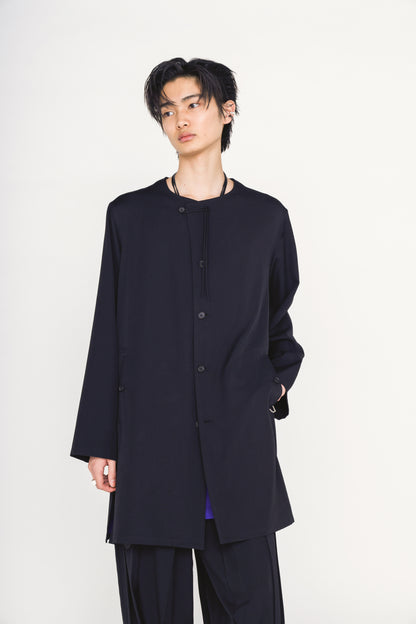 WASHER WOOL GABARDINE COLLARLESS LONG JACKET