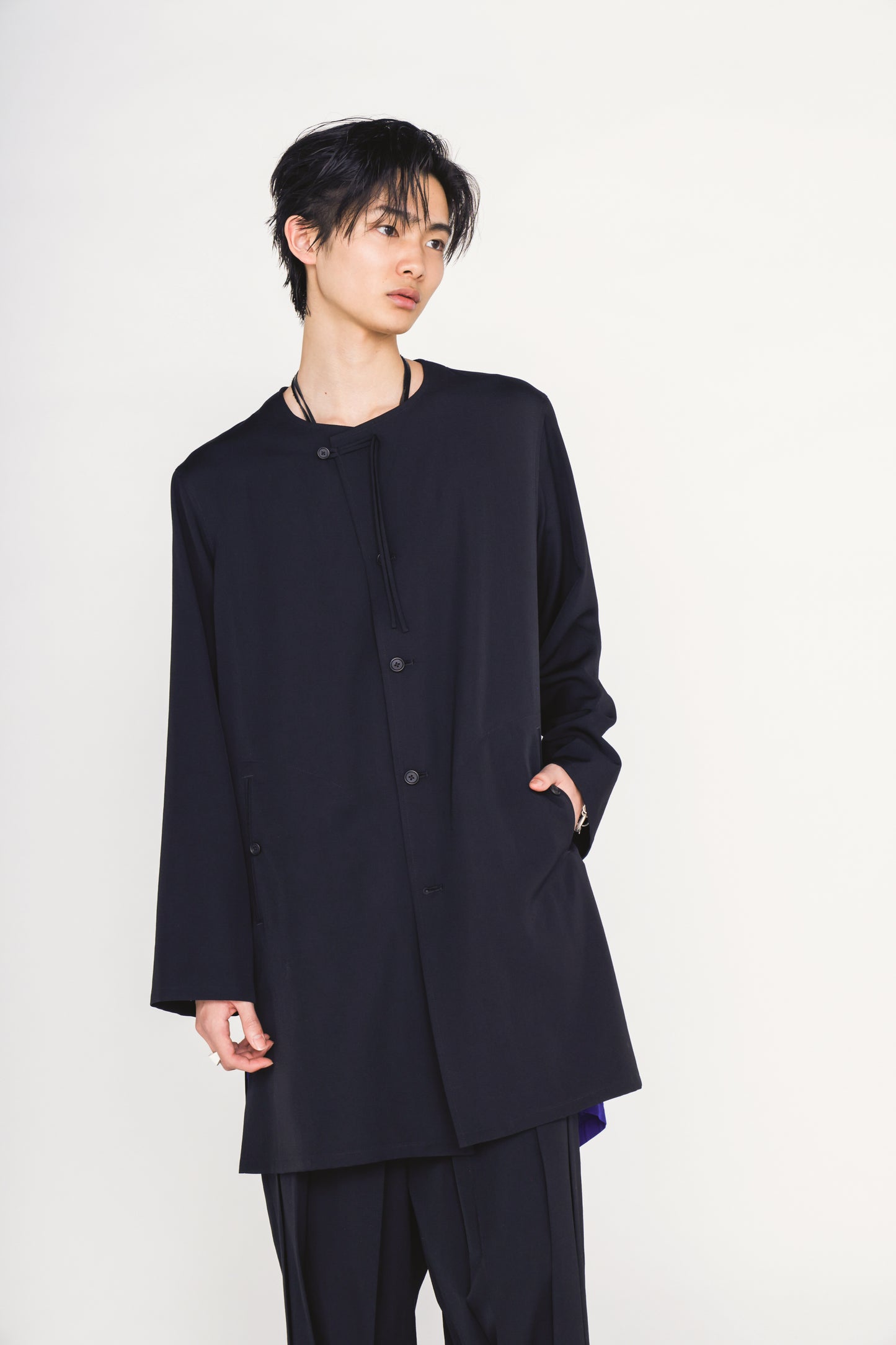 WASHER WOOL GABARDINE COLLARLESS LONG JACKET