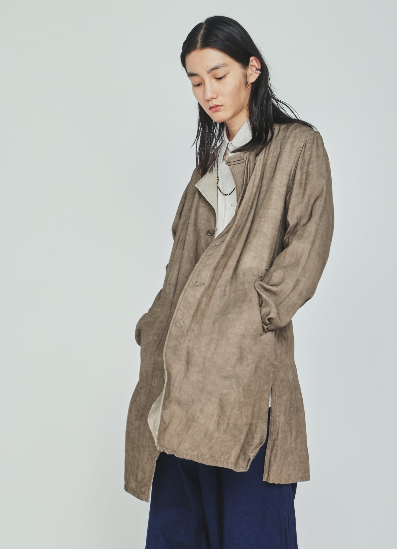 VIS/LI TWILL PIGMENT PRINT COLLARLESS LONG JACKET