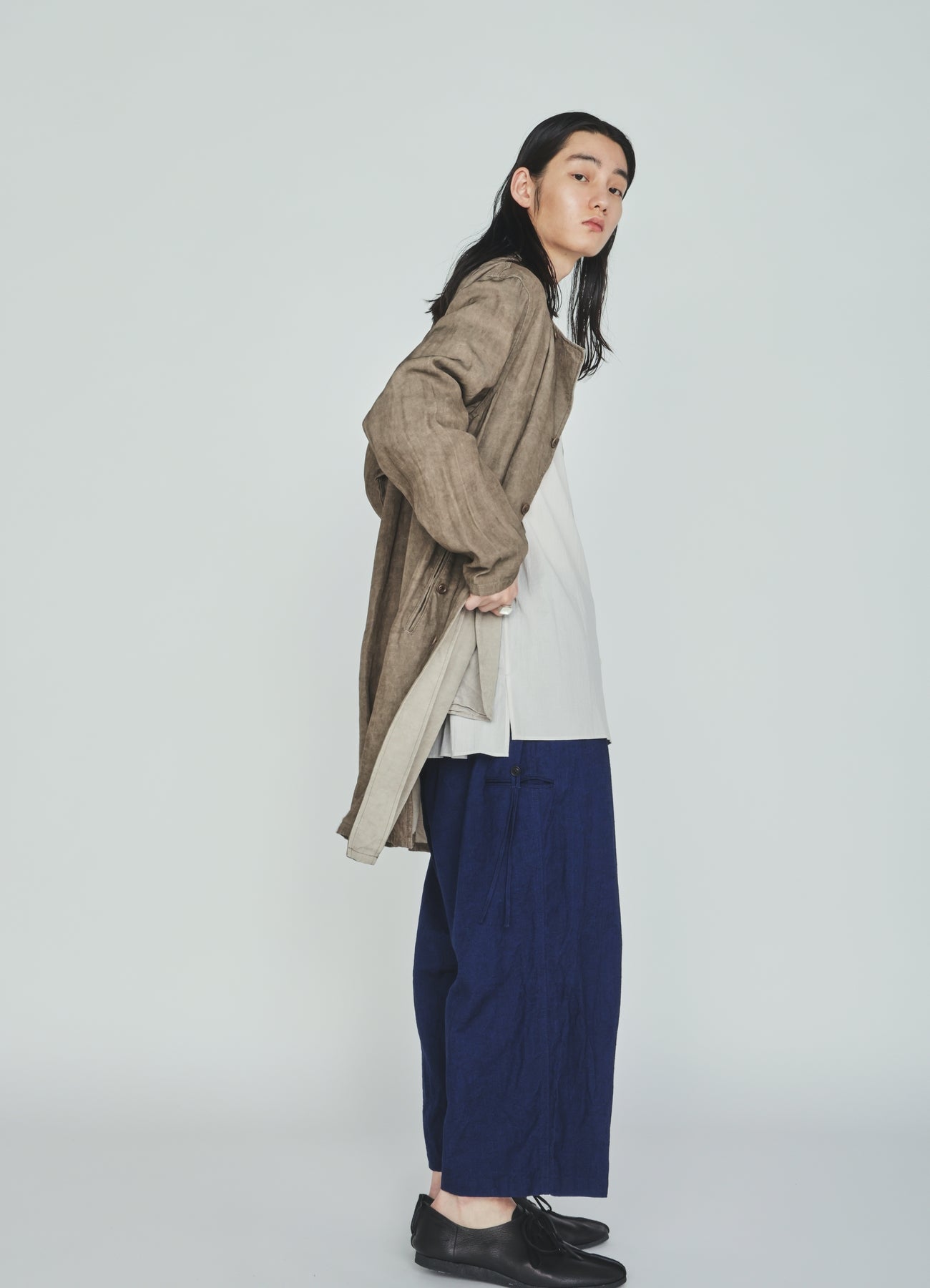 VIS/LI TWILL PIGMENT PRINT COLLARLESS LONG JACKET