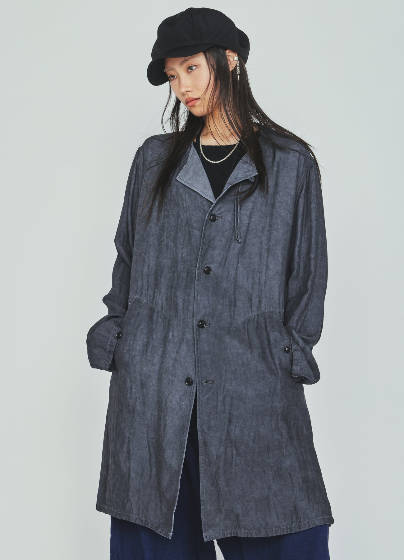 VIS/LI TWILL PIGMENT PRINT COLLARLESS LONG JACKET