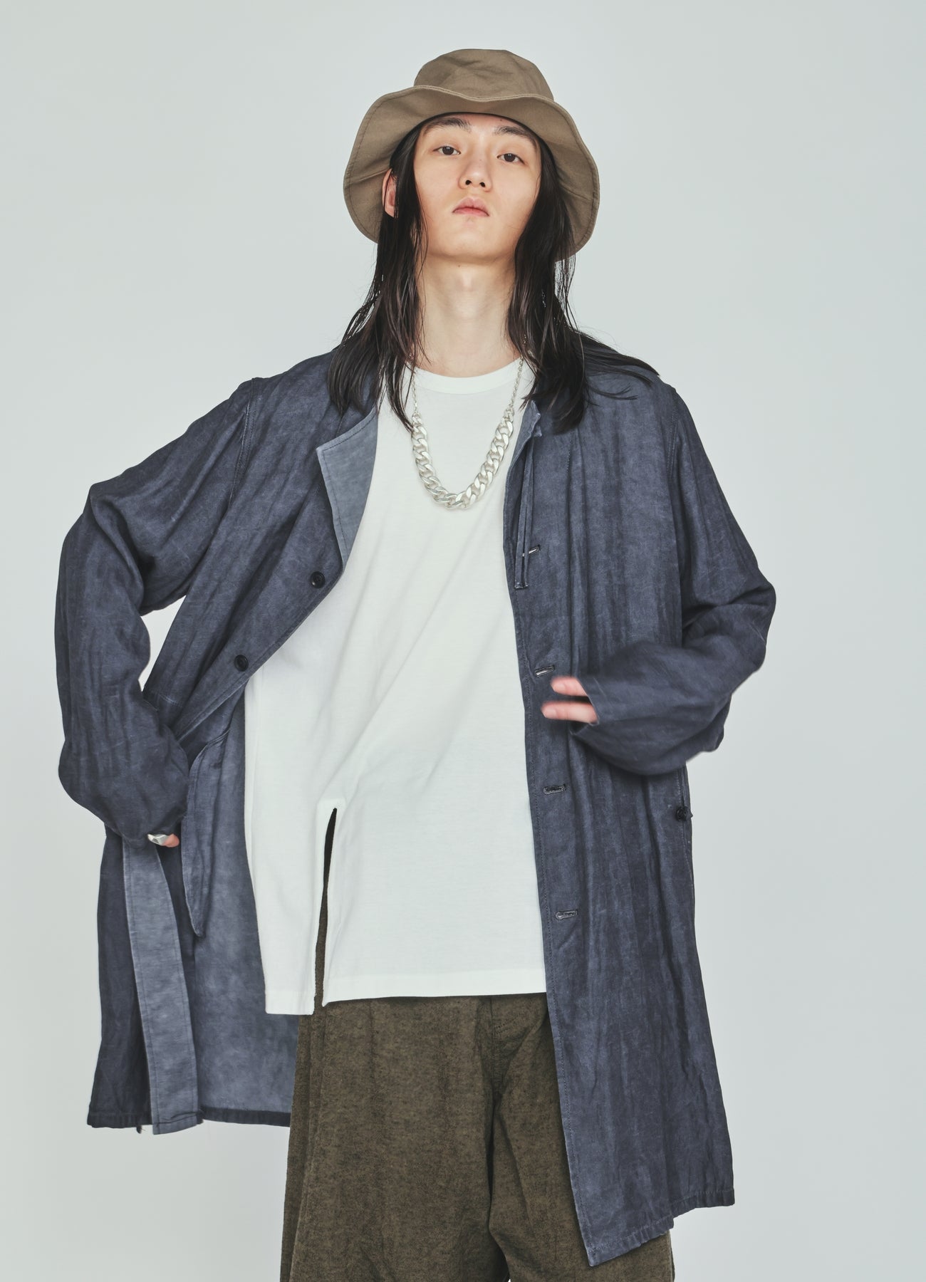 VIS/LI TWILL PIGMENT PRINT COLLARLESS LONG JACKET