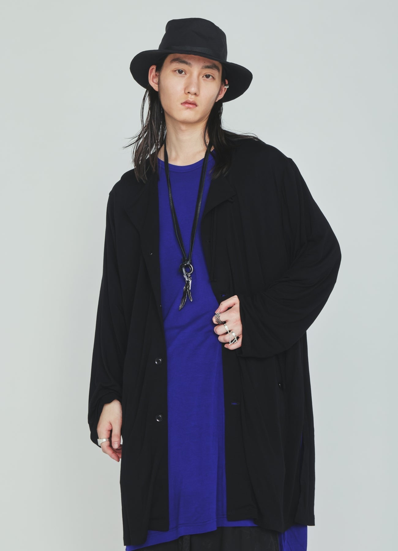 RAYON JERSEY COLLARLESS LONG JACKET